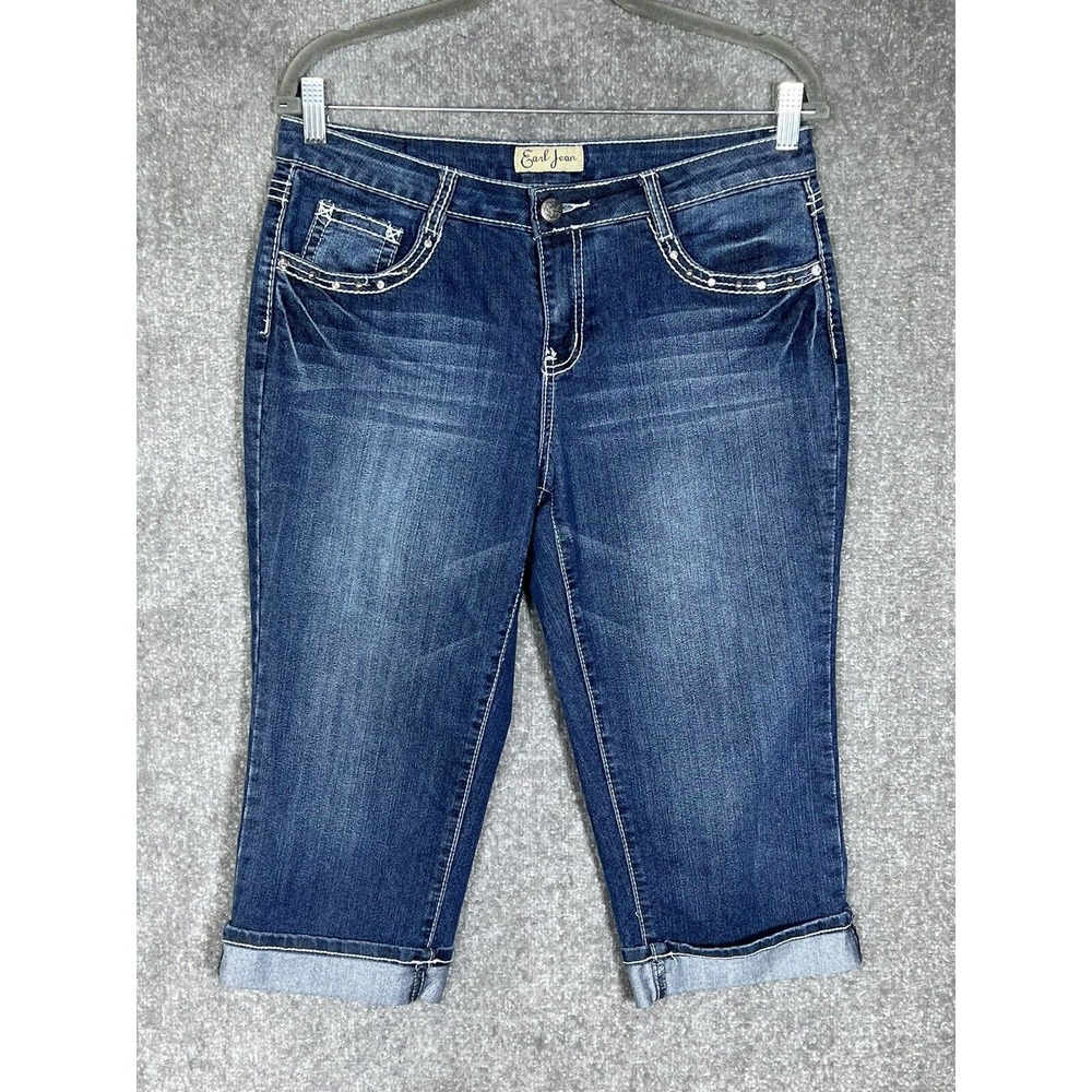 Earl Cuffed Capri Jeans Womens Size 8 Stretch Blue Denim Bling Detail